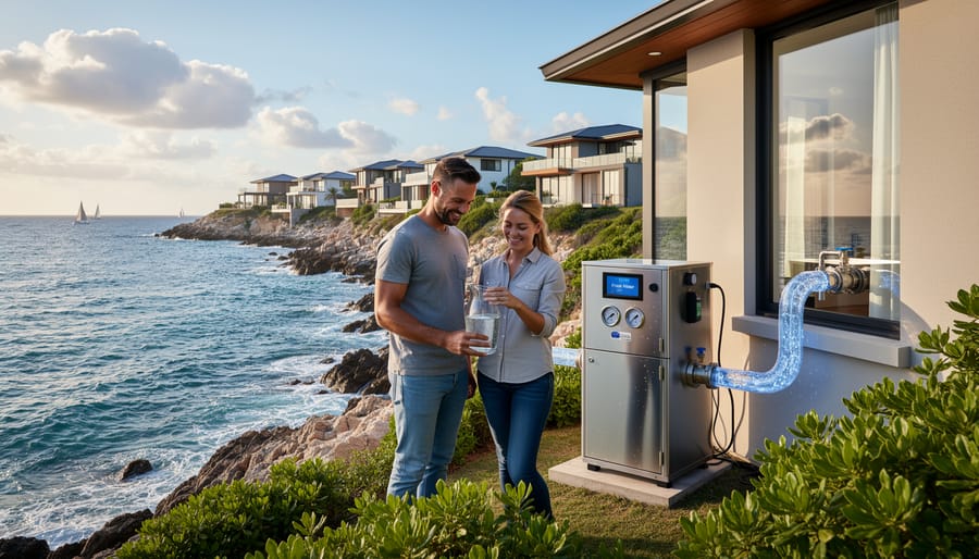 Person filling glass with fresh water in coastal home kitchen with ocean view