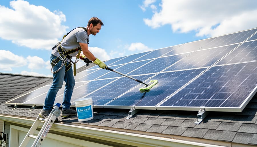 Homeowner cleaning solar panels with soft brush and water on residential roof