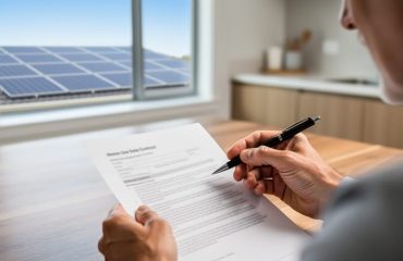 Over-the-shoulder view of a homeowner holding a pen above a contract on a wooden kitchen table, with rooftop solar panels visible through a sunlit window.