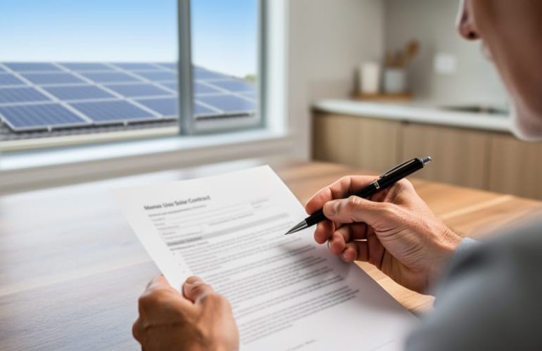 Over-the-shoulder view of a homeowner holding a pen above a contract on a wooden kitchen table, with rooftop solar panels visible through a sunlit window.