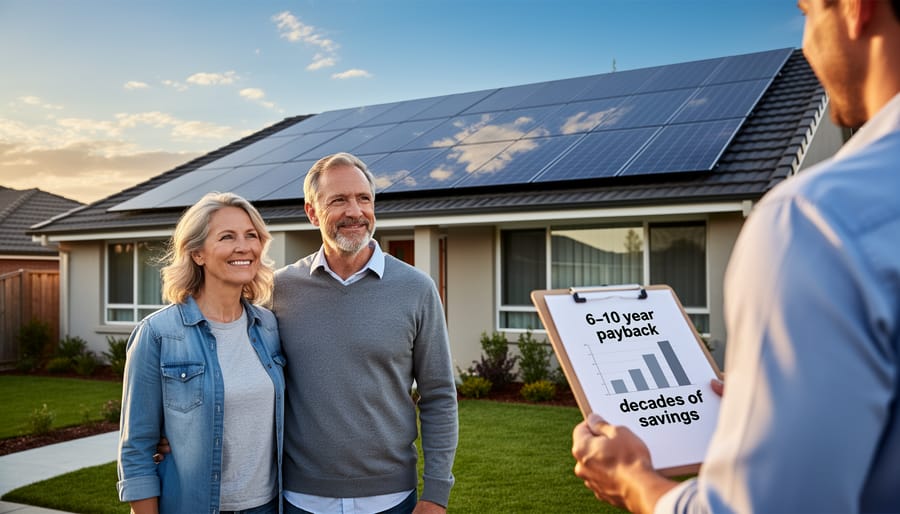 Family standing outside home looking up at their rooftop solar panel installation