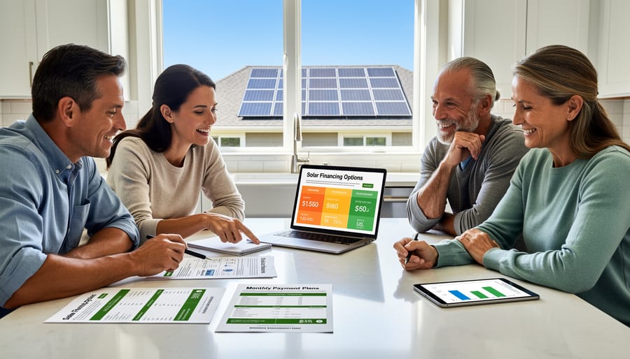 Couple reviewing solar financing documents together at home