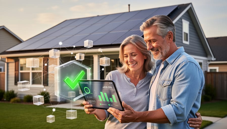 Happy homeowners reviewing their solar energy data with house and solar panels in background