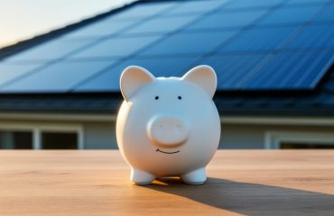 White ceramic piggy bank on a sunlit wooden table with a suburban home’s blue solar panels softly blurred in the background, conveying savings from interest-free solar loans.