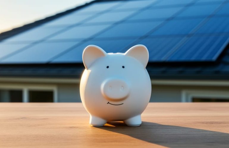 White ceramic piggy bank on a sunlit wooden table with a suburban home’s blue solar panels softly blurred in the background, conveying savings from interest-free solar loans.