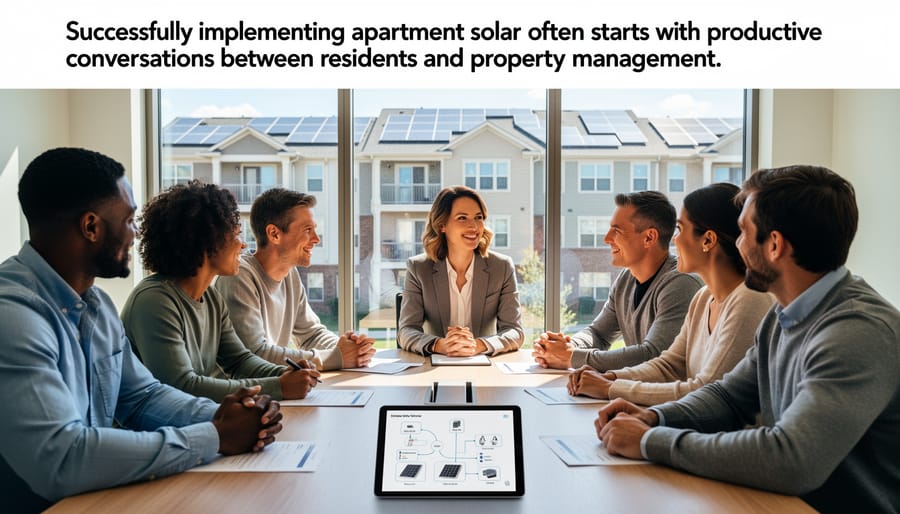 Property manager and apartment resident having discussion in building lobby