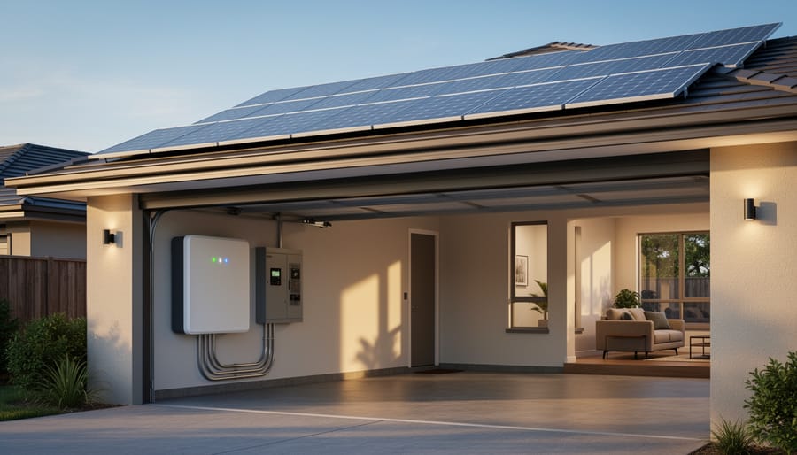 Lithium battery storage unit mounted on residential home exterior wall with solar panels on roof