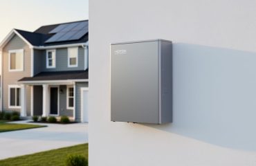 Wall-mounted lithium home battery cabinet next to a modern suburban house with rooftop solar panels at golden hour, with a landscaped yard and driveway softly blurred in the background.