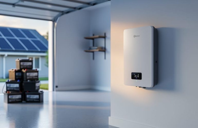 Wall-mounted white lithium home battery in a clean modern garage, daylight from an open door, with blurred lead-acid batteries in the background and rooftop solar panels visible outside.
