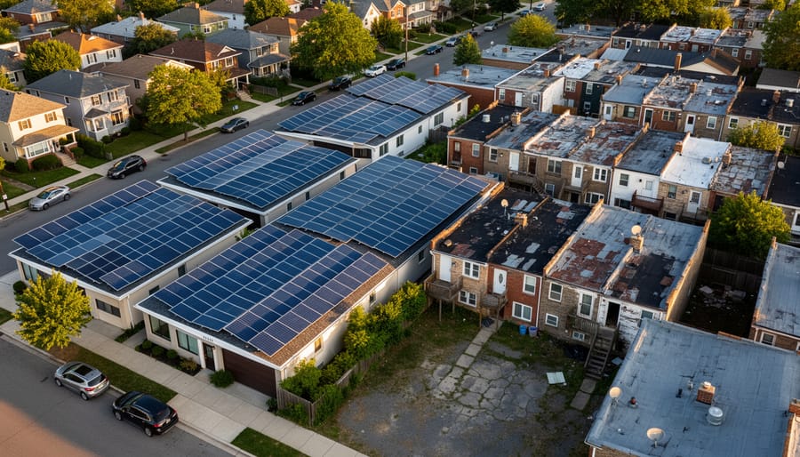 Aerial view of diverse residential neighborhood showing uneven solar panel distribution across rooftops