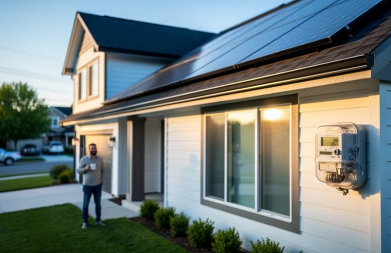 Homeowner near a smart utility meter in front of a suburban house with rooftop solar panels at golden hour