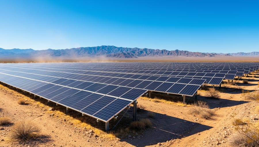 Aerial view of solar panel installation on desert home rooftop in Quartzsite