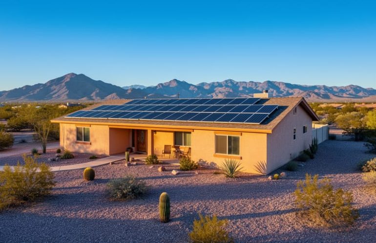 Aerial 45-degree view of a single-story desert home in Quartzsite, Arizona with rooftop solar panels in warm golden hour light, with sparse cacti, gravel yard, and rugged mountains under a clear blue sky.