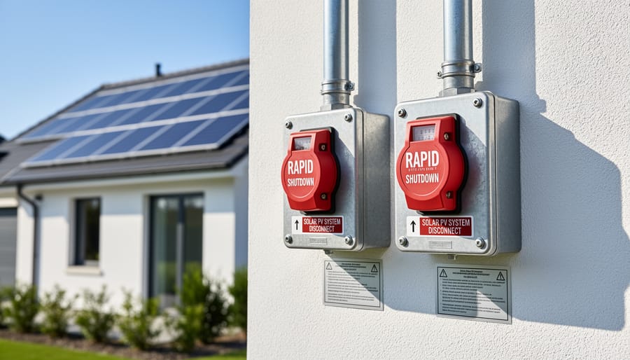 Red emergency shutoff switch for solar rapid shutdown system mounted on home exterior
