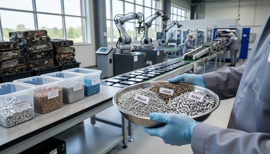 Close-up of recovered battery materials including lithium, cobalt, and nickel