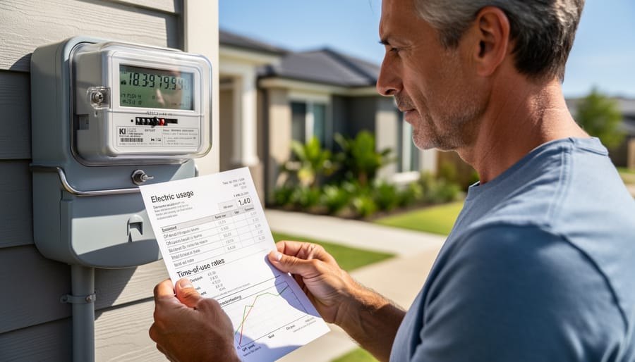 Modern digital electric meter mounted on residential home exterior wall