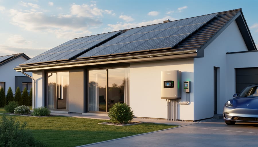 Modern home with rooftop solar panels and wall-mounted battery storage system