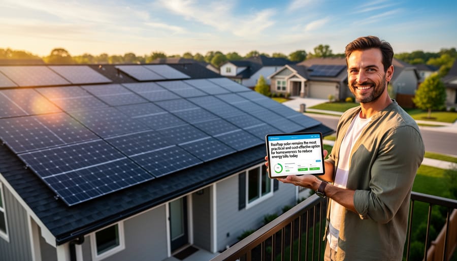 Modern home with rooftop solar panel installation at sunset