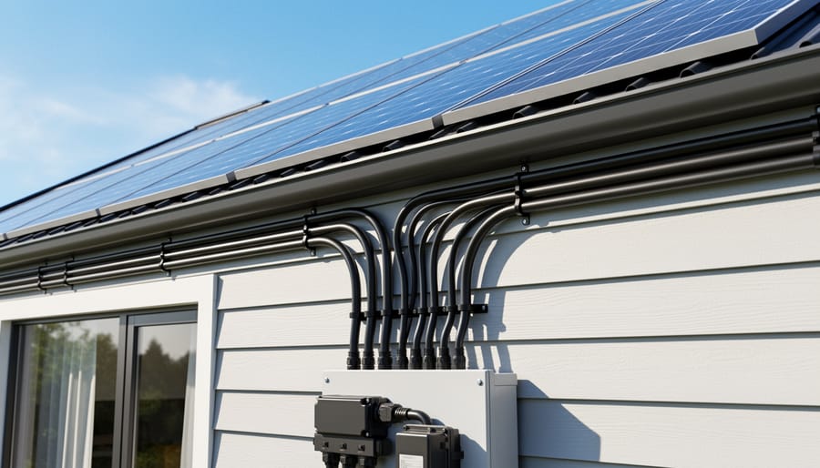 Residential home with solar panels on roof showing DC cable installation