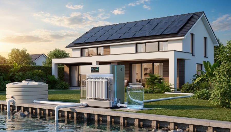Solar-powered desalination unit installed on coastal home with solar panels visible on roof