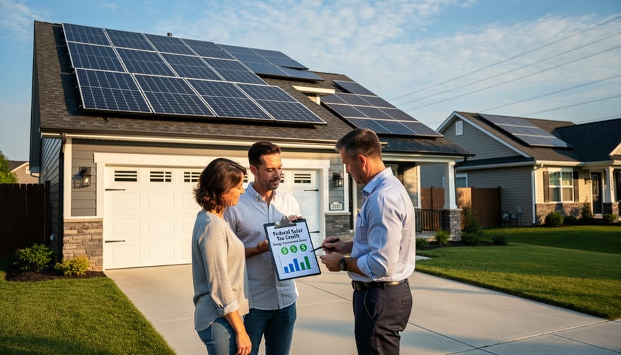 Modern home with rooftop solar panel installation in suburban neighborhood