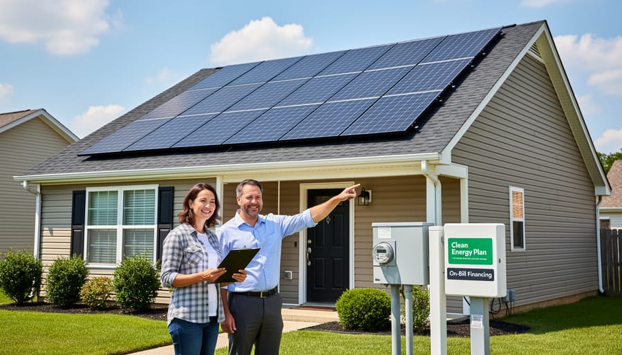 Residential home with solar panels installed on roof in suburban neighborhood