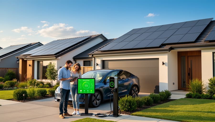 Solar panels installed on residential home rooftop under clear blue sky