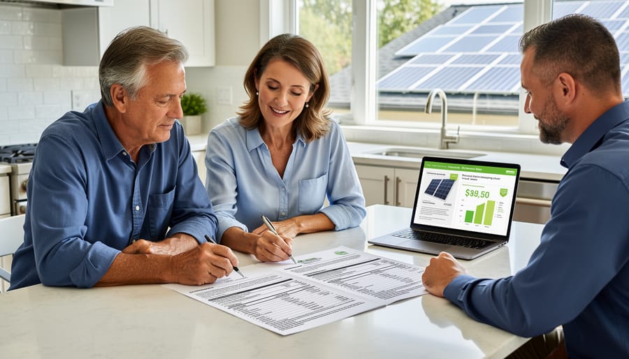 Couple reviewing solar contract documents together at kitchen table