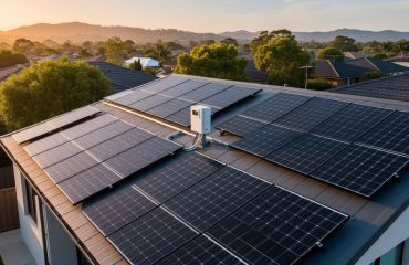 Drone view of a suburban home’s rooftop solar panels at golden hour with a small monitoring gateway and conduit installed near the array, with neighboring houses, trees, and clear sky in the background.