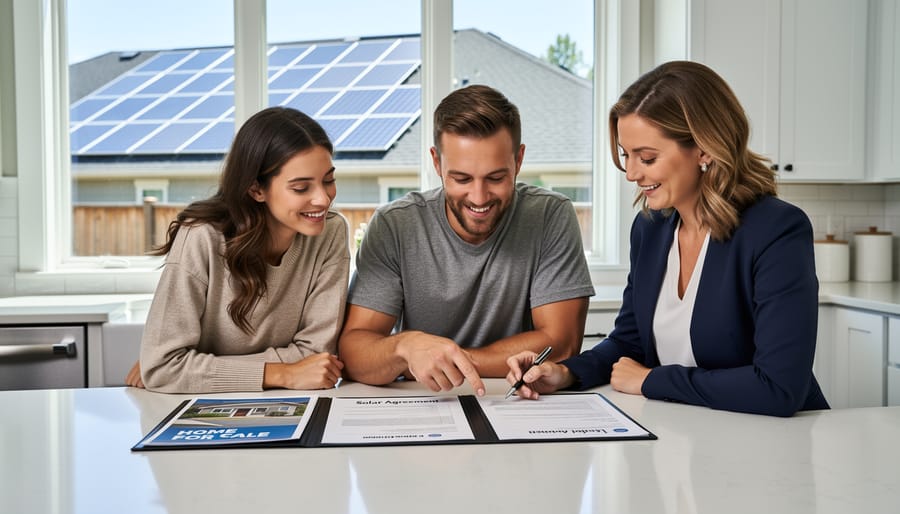 Homeowners and real estate agent completing home sale with solar panels visible on roof