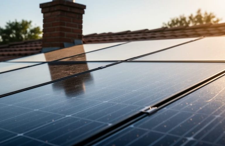 Low-angle close-up of rooftop solar panels at golden hour with a sharp chimney shadow across one panel and adjacent panels in full sunlight, roof tiles and treetops softly blurred in the background.