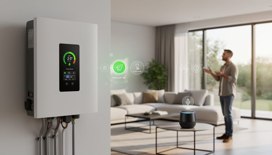 Modern smart home interior with connected devices and solar panels visible through window