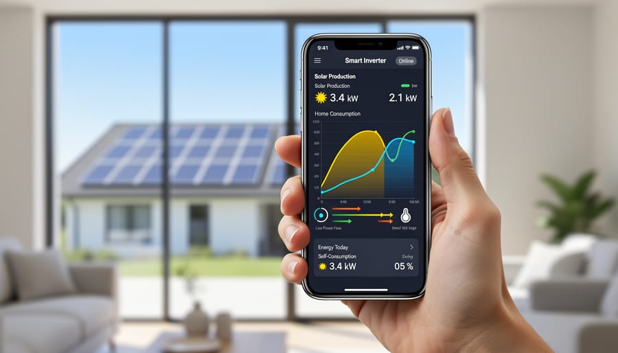 Homeowner monitoring solar energy production on smartphone app with solar panels in background