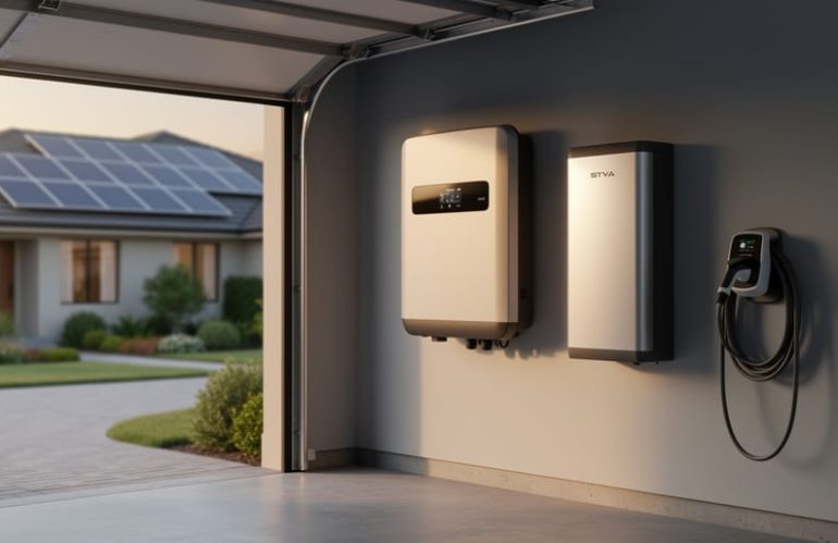 Smart solar inverter mounted on a garage wall beside a home battery and EV charger, with rooftop solar panels visible outside the open garage door.