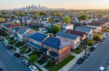 Oblique aerial photo of a mixed-income neighborhood showing several single-family roofs with blue solar panels while adjacent older rental houses and low-rise apartments lack panels, lit by late-afternoon sun with a softly blurred distant skyline.