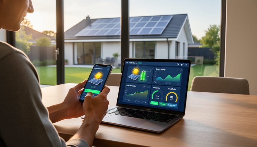 Homeowner using smartphone app to monitor solar battery storage and energy production