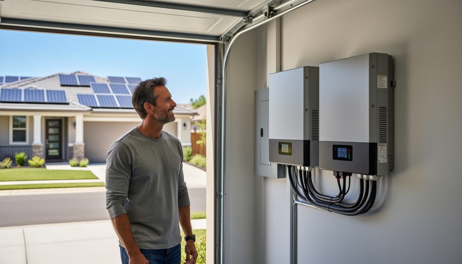Modern solar battery storage system installed on residential garage wall