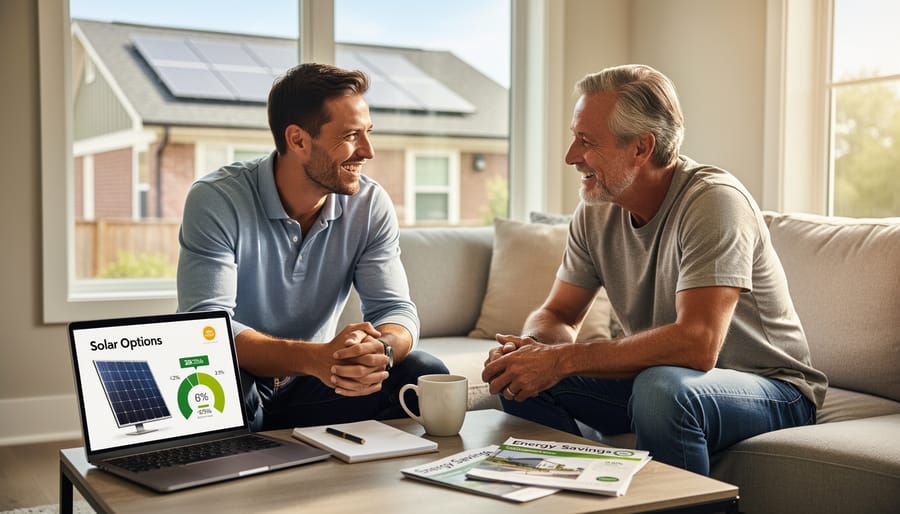 Solar consultant meeting with homeowners at outdoor table discussing solar energy options