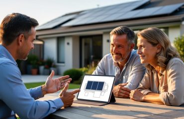 Solar sales consultant at an outdoor patio table with two homeowners, pointing to a tablet while their house with rooftop solar panels appears in the softly blurred background under warm evening light