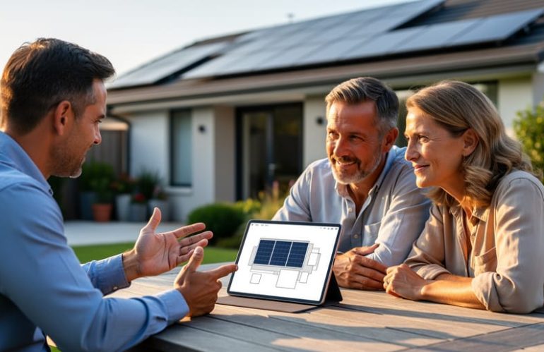 Solar sales consultant at an outdoor patio table with two homeowners, pointing to a tablet while their house with rooftop solar panels appears in the softly blurred background under warm evening light