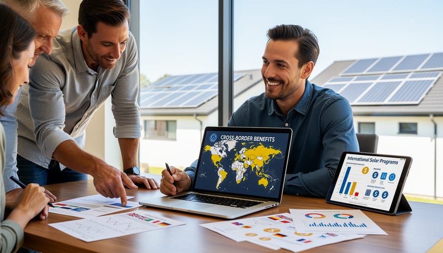 Homeowners consulting with solar installer about equipment sourcing and incentive eligibility