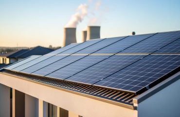 Rooftop solar panels in sharp focus at golden hour, with blurred nuclear cooling towers and steam in the distant background of a suburban setting.