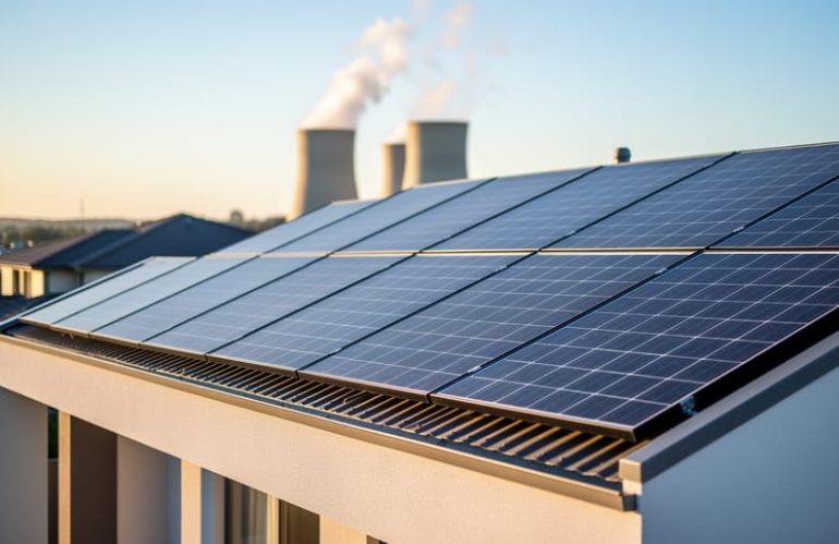 Rooftop solar panels in sharp focus at golden hour, with blurred nuclear cooling towers and steam in the distant background of a suburban setting.