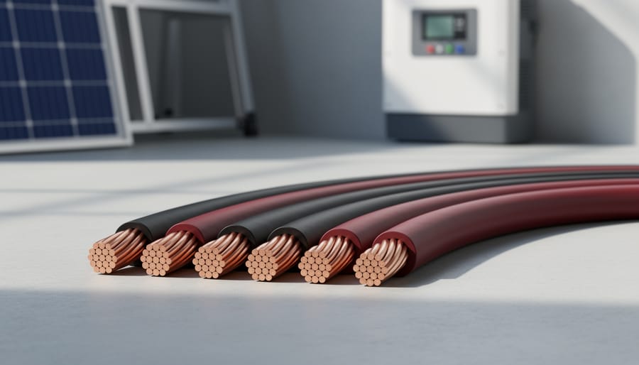 Close-up of solar DC cable showing copper conductor and insulation thickness