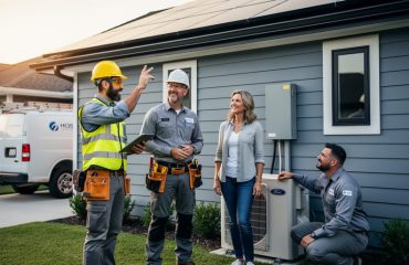 Clean-energy professionals and a homeowner meet outside a suburban house with rooftop solar, standing by an exterior electrical panel and heat pump during golden hour, with an unmarked utility van in the background.