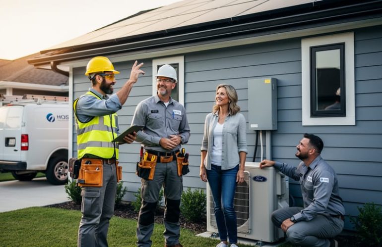 Clean-energy professionals and a homeowner meet outside a suburban house with rooftop solar, standing by an exterior electrical panel and heat pump during golden hour, with an unmarked utility van in the background.