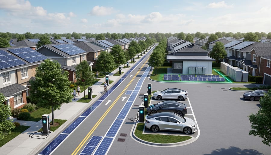 Electric vehicle charging at solar-powered station with homes featuring rooftop solar panels in background