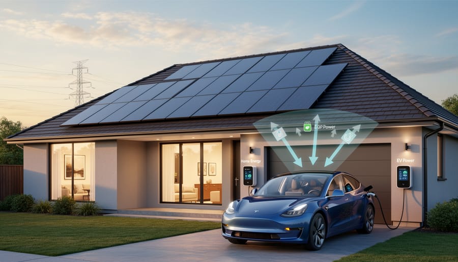 Residential home with solar panels and electric vehicle showcasing integrated energy system