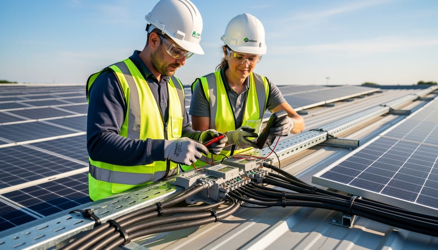 Solar installer examining DC cable connections on residential rooftop installation