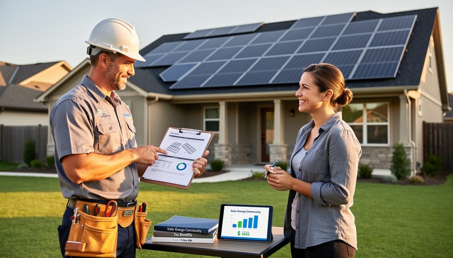 Homeowner and solar installer reviewing installation plans and incentive documentation